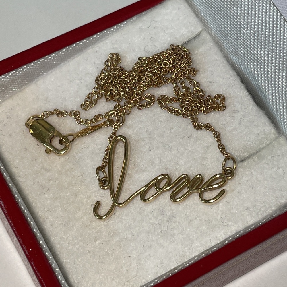 Solid Stamped  14K Yellow Gold Word LOVE Cursive Script Text Necklace